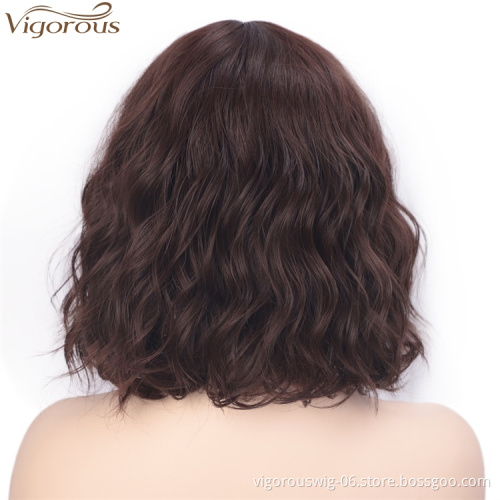 Vigorous High Temperature Daily Use Wigs 14 Inches Short Wavy Synthetic Bob Wigs With Bangs Dark Brown Mix Auburn Color